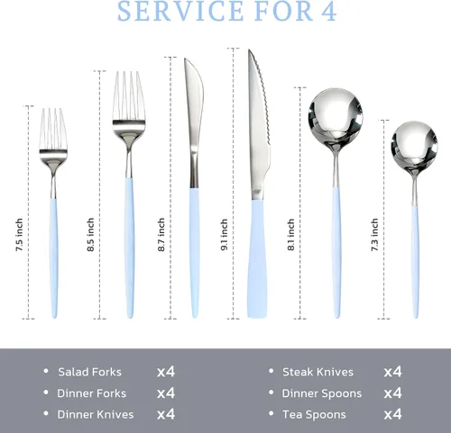 Vista 6 de Astercook - Juego de cubiertos con cuchillos de carne, juego de 24 piezas para 4, cubiertos de acero inoxidable de grado alimenticio, juego de Azul