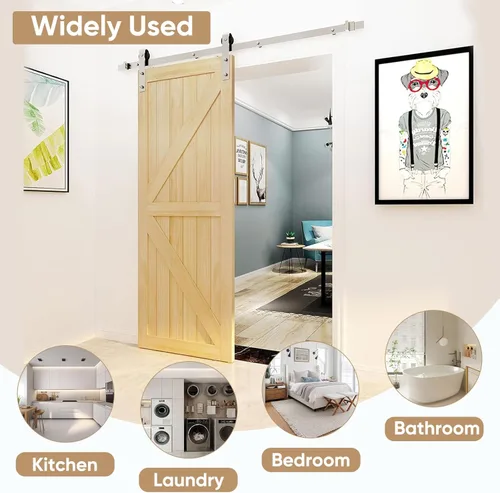 Vista 2 de JUBEST Kit de herrajes para puerta corrediza de granero de níquel cepillado de 6 pies, kit de riel plano de rodillo para colgar suave