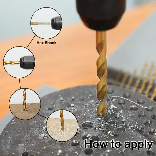 Vista 5 de GMTOOLS juego de 10 brocas con vástago hexagonal de cambio rápido de 1/4 de pulgada, revestidas de titanio, brocas de impacto HSS de 135 grados