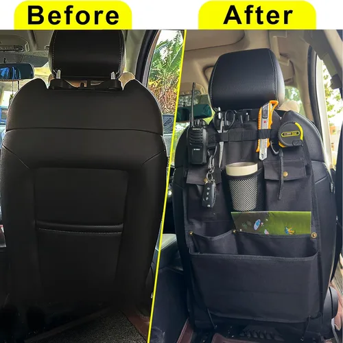 Vista 6 de Organizador de respaldo de asiento de coche negro con múltiples bolsillos y ganchos