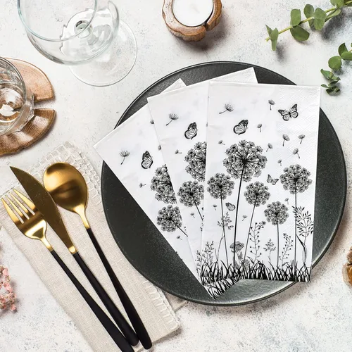 Vista 6 de Whaline Paquete de 100 servilletas de papel desechables de diente de león, color blanco y negro, flores florales, mariposas, toallas de mano