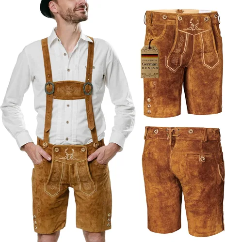 BAVARIA TRACHTEN Lederhosen - Ropa alemana auténtica de cuero genuino para hombre traje del Oktoberfest color marrón claro corto