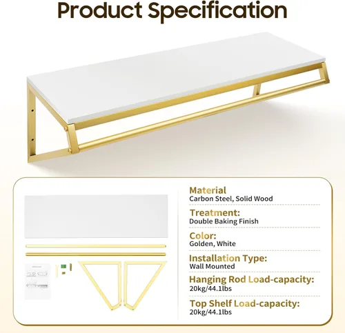 Vista 7 de Perchero con estante superior, tienda de ropa moderna y simple, soporte de exhibición de metal y madera resistente para colgar ropa de pared
