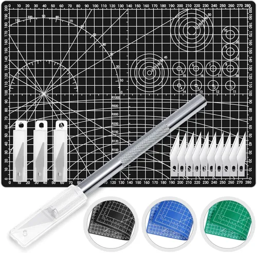 Vista 9 de Anezus Exacto - Cuchillo cortador de pasatiempos con alfombrilla de corte autocurable A4, juego de cuchillos de pasatiempos con 30 cuchillas Exacto