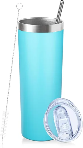 Vaso delgado de 20 oz con tapa y pajita, vaso aislado al vacío de acero inoxidable con pared doble a prueba de fugas, taza de café, vaso térmico