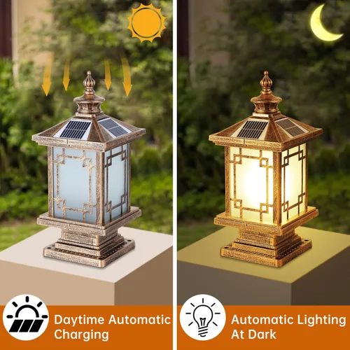 Vista 3 de Luz LED Solar para Poste Exterior, Lámpara de Tapa de Poste de Cerca de Aluminio con Control Remoto Regulable, Luces de Pilar Solares IP65