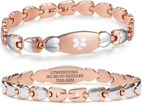 Vista 36 de LinnaLove Pulsera de identificación médica de doble corazón para mujeres 7 1/2 pulgadas de acero inoxidable de moda pulseras de alerta médica