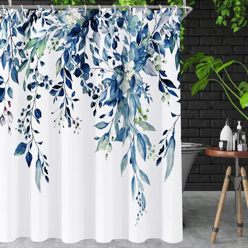 Vista 2 de Cortina de ducha de eucalipto azul para baño, juego de cortinas de ducha de hojas de acuarela, cortina de ducha impermeable para plantas, tela
