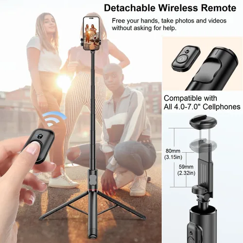 Vista 3 de Trípode de teléfono de 72 pulgadas y palo para selfie, trípode extensible para teléfono celular con control remoto inalámbrico y soporte de zapata