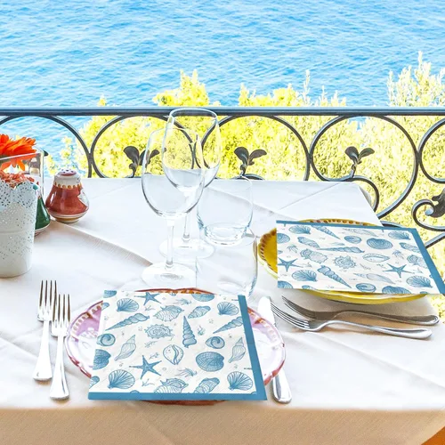 Vista 7 de AnyDesign Paquete de 100 servilletas de papel de concha de mar azul océano playa, servilletas desechables de verano náuticas de almuerzo bajo
