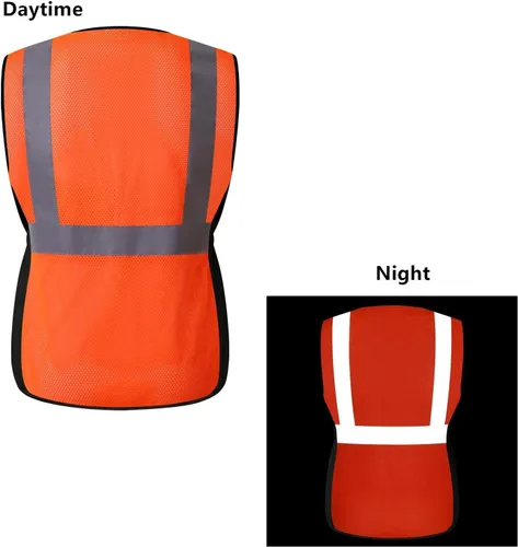 Vista 7 de Chaleco de seguridad para mujer, múltiples bolsillos, de alta visibilidad, reflectante, malla transpirable, chaleco de trabajo para dama, cremallera
