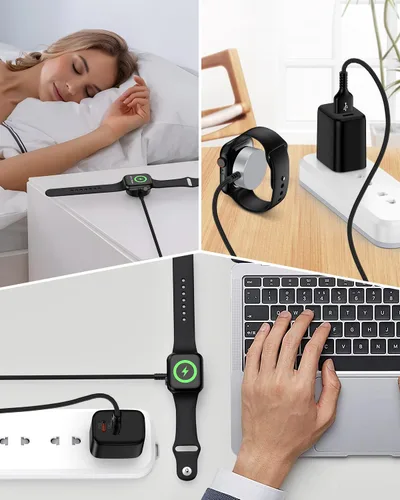 Vista 6 de Cable de carga para Apple Watch, cable de carga magnético para iWatch USB de 3 pies, cargador inalámbrico trenzado para reloj inteligente, cable