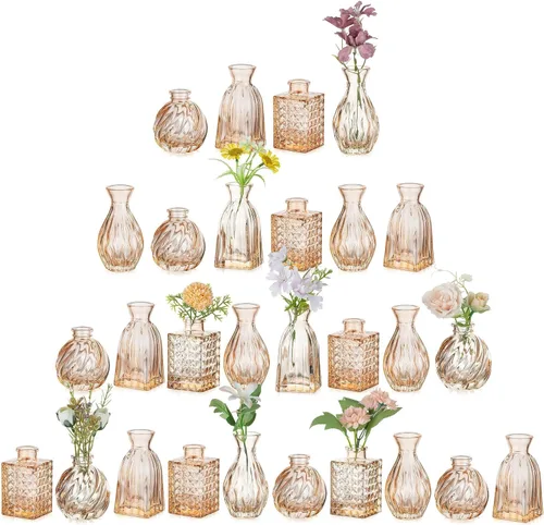 Vista 11 de Glasseam Jarrones de cristal para centros de mesa: pequeño jarrón de flores, juego de 4 mini jarrones vintage para flores, jarrón de centro de mesa