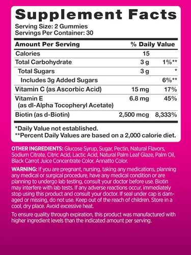 Vista 2 de PINK Gomitas de biotina para mujer 2,500 mcg 60 unidades Vitamina para cabello, piel y uñas Sabor a fruta Sin OMG y sin gluten