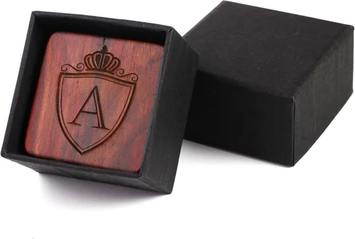 Vista 5 de Mens Initial Silver Cufflinks A-Z Alphabet Letter Steel Cuff Links with Engraved Walnut Wood Box Groom Groomsman Wedding Set