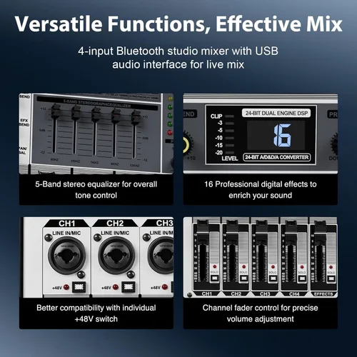 Vista 3 de Phenyx Pro Mezclador de DJ profesional con interfaz de audio USB, mezclador de audio de 4 canales con ecualizador estéreo, 16 efectos DSP, ideal