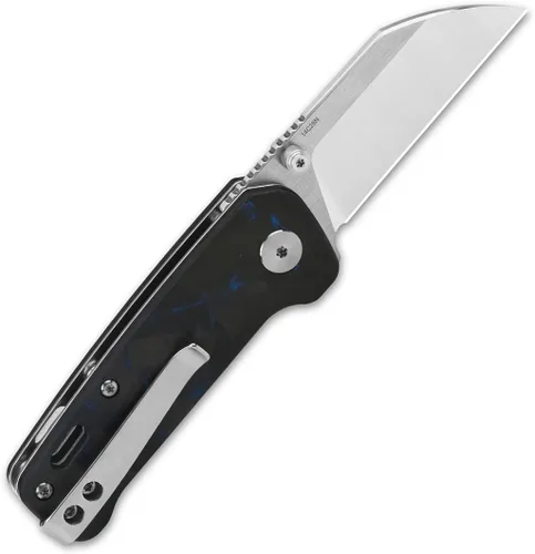 Vista 3 de QSP Penguin - Cuchillo de bolsillo mini plegable, hoja de 2.25" Sandvik 14C28N de dos tonos satinado EDC, mango G10 con superposición CF azul