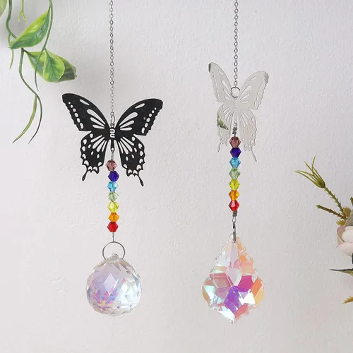 Vista 6 de 2 lámparas de araña de cristal de cristal AB color prisma colgante atrapasoles mariposa arco iris fabricante para ventana, oficina, decoración