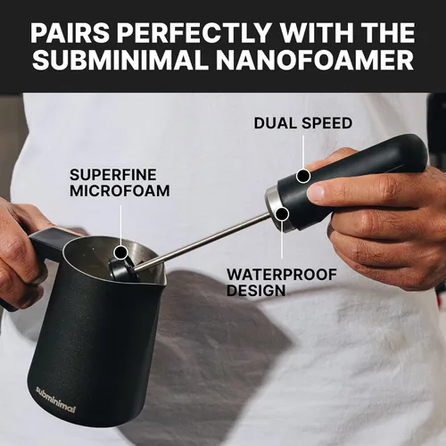 Vista 8 de Subminimal FlowTip - Jarra de leche para espumar leche para estufa, jarra de espuma para café estilo barista, jarra de capuchino y café con leche