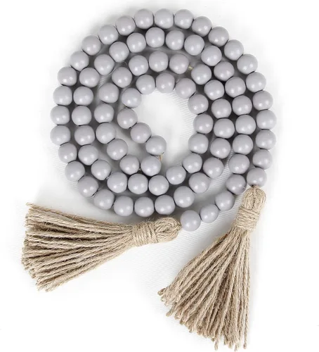 Vista 7 de Guirnalda de cuentas de madera de 58 pulgadas con borlas, decoración rústica de granja, decoración de oración bohemia para colgar en la pared (negro)