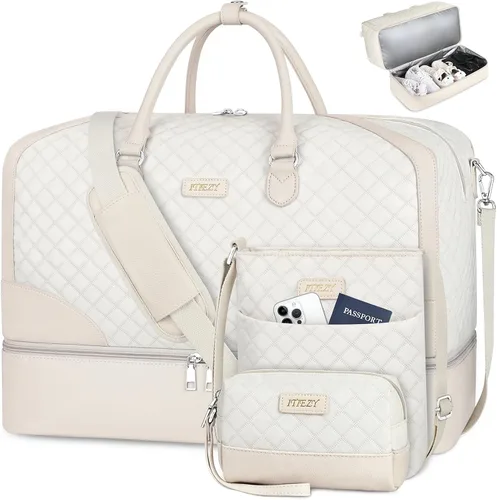 Vista 16 de Bolsa de fin de semana para mujer, bolsa de viaje de nailon, con compartimento para zapatos, tamaño grande 1-beige