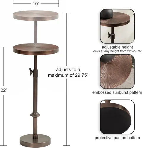 Vista 3 de Kate and Laurel Engles Mesa tradicional de altura ajustable con pedestal, 10 x 10 x 30; bronce; soporte redondo vintage para plantas