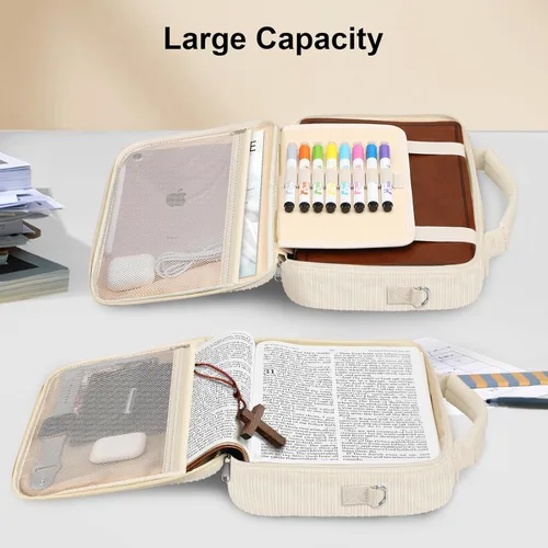 Vista 6 de FINPAC - Funda grande para Biblia con correa para el hombro, estuche para libros, bolso de iglesia, con ranuras para bolígrafos y bolsillo