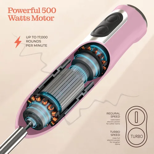 Vista 5 de Potente batidora de inmersión, licuadora de mano eléctrica de 500 vatios con modo turbo, base desmontable. Batidora de cocina manual de palo