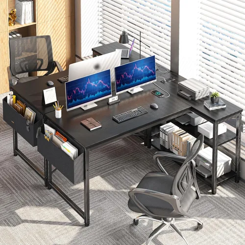 Vista 8 de EnHomee Escritorio pequeño para computadora con estantes de almacenamiento y bolsa lateral, escritorio de juegos en forma de L de 40 pulgadas