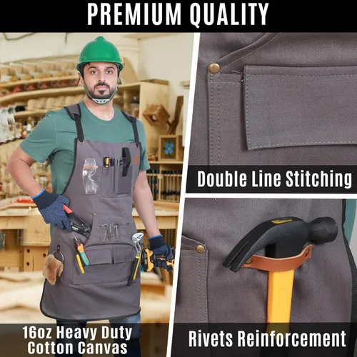 Vista 5 de Woodworking Apron for Men - 9 Reinforced Pockets Durable Canvas Padded Cross Straps - Woodworking Gifts for Men