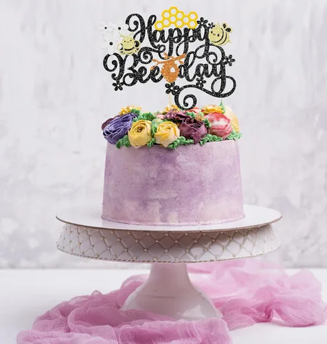 Vista 5 de Gyufise Decoración para pastel de feliz día de abeja, flor de panal con purpurina de abejorro, decoración de pastel de cumpleaños para temática