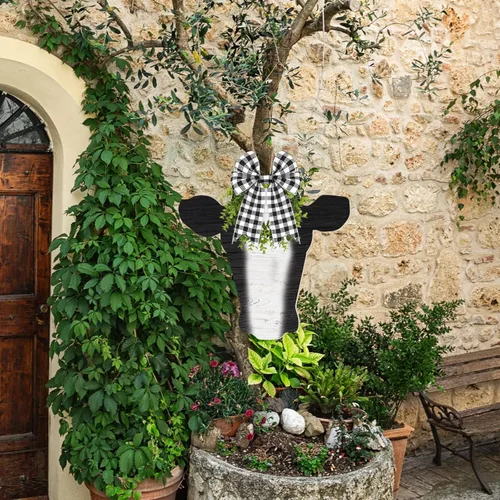 Vista 6 de Weysat Colgador de puerta de madera con corte de cabeza de vaca, piezas de cabeza de vaca de madera sin terminar, rebanada en blanco con cinta