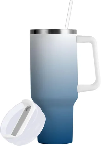 Vista 8 de JUNZAN Aurora Blue Green Purple Water Bottles With Handle Wide Mouth Vacuum Stainless 30 OZ Travel Coffee Mug Spill Proof with Straw Lid Men for