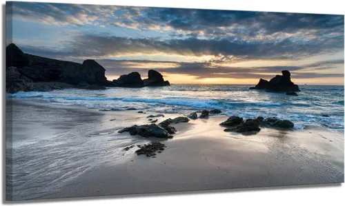 Decoración de pared para sala de estar, lienzo impreso en lienzo con diseño de amanecer por la mañana en la playa, cuadro de paisaje azul
