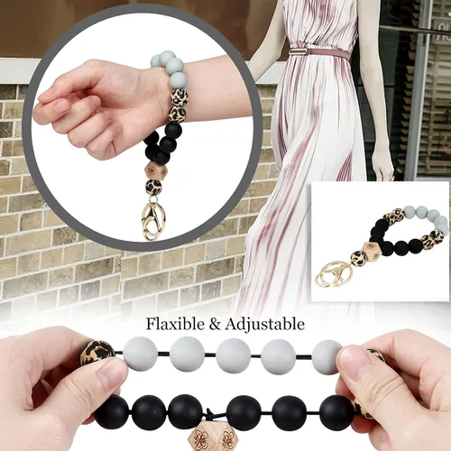 Vista 4 de Llavero de pulsera para mujer, pulsera de silicona con cuentas de silicona, llaveros con soporte para tarjetas