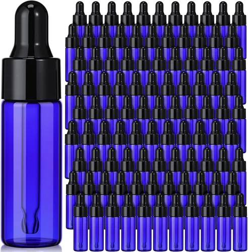 Vista 10 de Bokon 100 piezas de botellas de vidrio con cuentagotas, mini botellas cuentagotas de aceite esencial, frascos de muestra vacíos con tapa negra