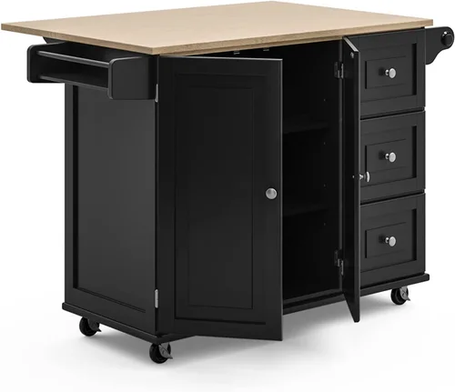 Vista 2 de Homestyles Dolly Madison Carrito de Isla de Cocina Móvil Negro con Barra de Desayuno de Hoja Plegable de Madera