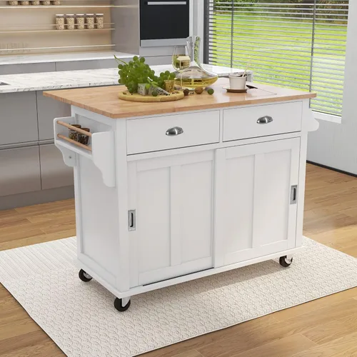 Vista 19 de P PURLOVE Carrito de isla de cocina con parte superior de madera y ruedas de bloqueo, carrito móvil de isla de cocina con armario de 4 puertas