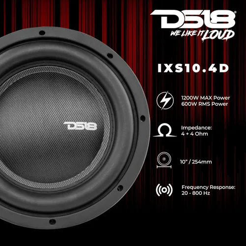 Vista 2 de DS18 IXS10.4D Subwoofer para automóvil poco profundo - 10 pulgadas 1000 W de potencia máxima, 500 W RMS, bobina de voz doble, impedancia de 4+4