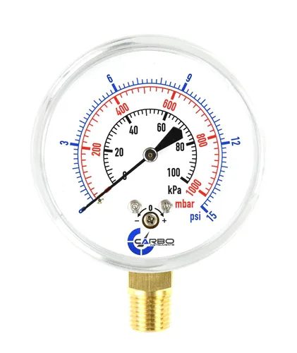 Vista 11 de Diafragma baja presión cápsula manómetro, 2-1/2" dial, 0-8 oz/0-15in H2O Rango, 1/4" NPT montaje inferior, caja de acero cromado, internos de latón