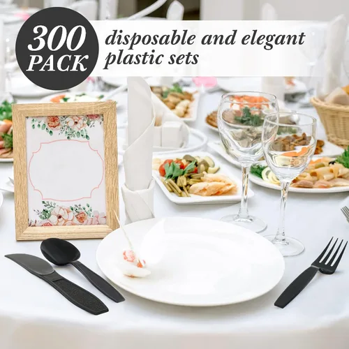 Vista 5 de Juego de 300 cubiertos de plástico resistentes, 100 tenedores de plástico, 100 cucharas de plástico y 100 cuchillos de plástico, cubiertos