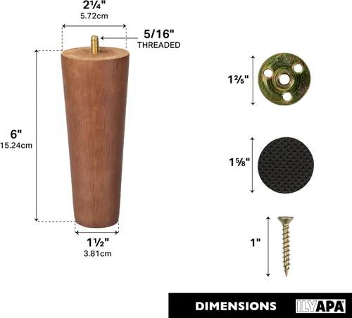 Vista 3 de Ilyapa Pies de madera para muebles, juego de 4 patas de repuesto cónicas marrones de 6 pulgadas para sofás, sillas, sofás biplazas, otomanas