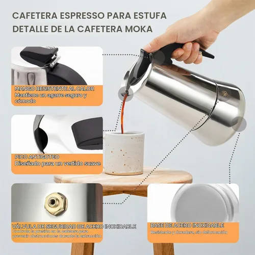 Vista 5 de 2 tazas de 3.4 fl oz Moka Pot de acero inoxidable, cafetera para estufa, cafetera italiana, estilo clásico, Greca Café, máquina de moca para Negro