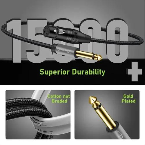 Vista 4 de DREMAKE Paquete de 2 cables de micrófono de interconexión TS mono de 3 pines hembra a 1/4 de pulgada (Jack 0.250 in), cable de micrófono TS