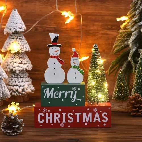 Vista 4 de Decoración de Navidad Feliz para interiores, letrero de mesa de muñeco de nieve de madera de Navidad, decoración de árbol de Navidad iluminada