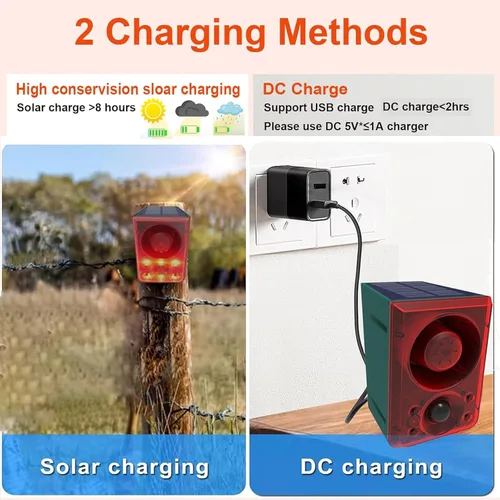 Vista 5 de Detector de movimiento solar, luz de sirena estroboscópica de seguridad de advertencia de sonido de 130 db, sonido de ladridos de perro de disparo