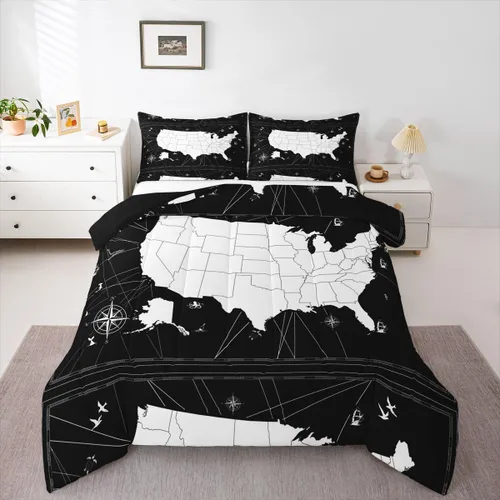 Juego de edredón con diseño de mapa del mundo, juego de edredón y juegos de cama con temática náutica, color blanco y negro, edredón de velero de