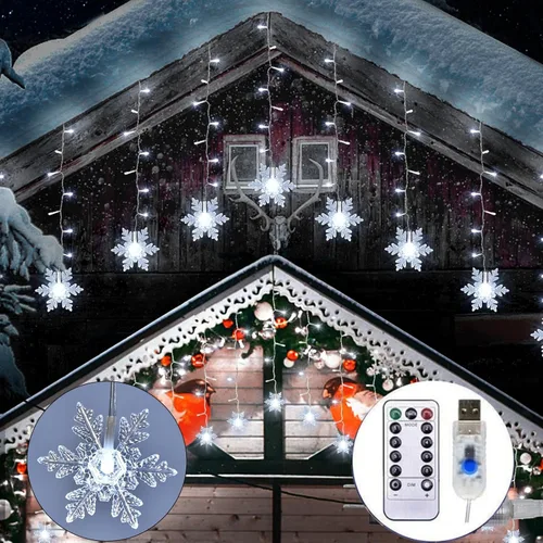 Vista 2 de Luces LED de cortina – Luces LED de copo de nieve con control remoto, funciona con pilas, 24 copos de nieve, 120 luces LED, cortina de ventana con 8