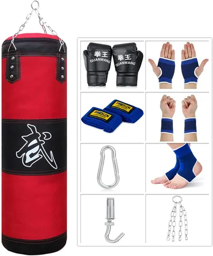 Vista 10 de Saco de boxeo para hombre, mujer, niños, bolsa de boxeo para interior/jardín, sin relleno, juego de bolsa pesada con guantes de boxeo, cadena