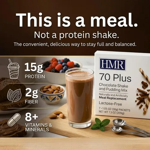 Vista 5 de HMR Mezcla de batido de chocolate y pudín "Classic" 70 Plus Polvo de reemplazo de comidas Sin lactosa 0.55 oz de proteína Apoya la pérdida